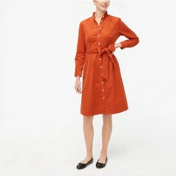 Crew burnt orange corduroy button down waist tie ruffle neck